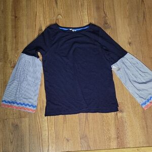 Crown & Ivy Navy Top with Striped Bell Sleeves